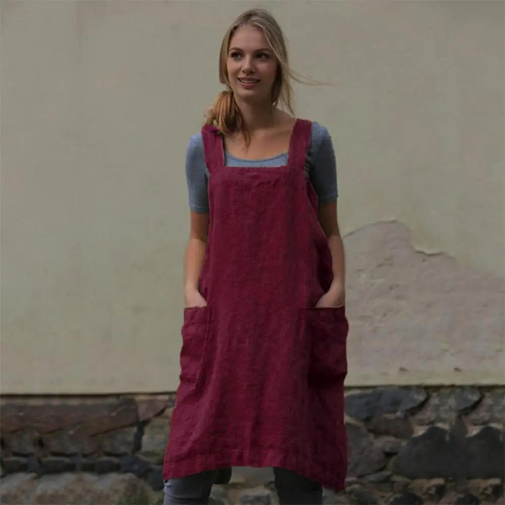 Simple Design Linen Dress Women Bib Apron X Shape Back Bandage Design Wide Strap Large Pocket Apron Dress Kitchen Cooking Aprons