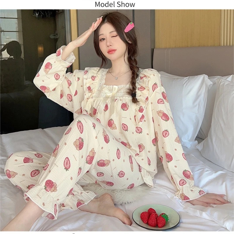 

100kg Plus Size Cherry Print Pajama Women Korean Sweet Spring Long Sleeve Top Long Pants Plaid Homewear Princess Loose Outfits
