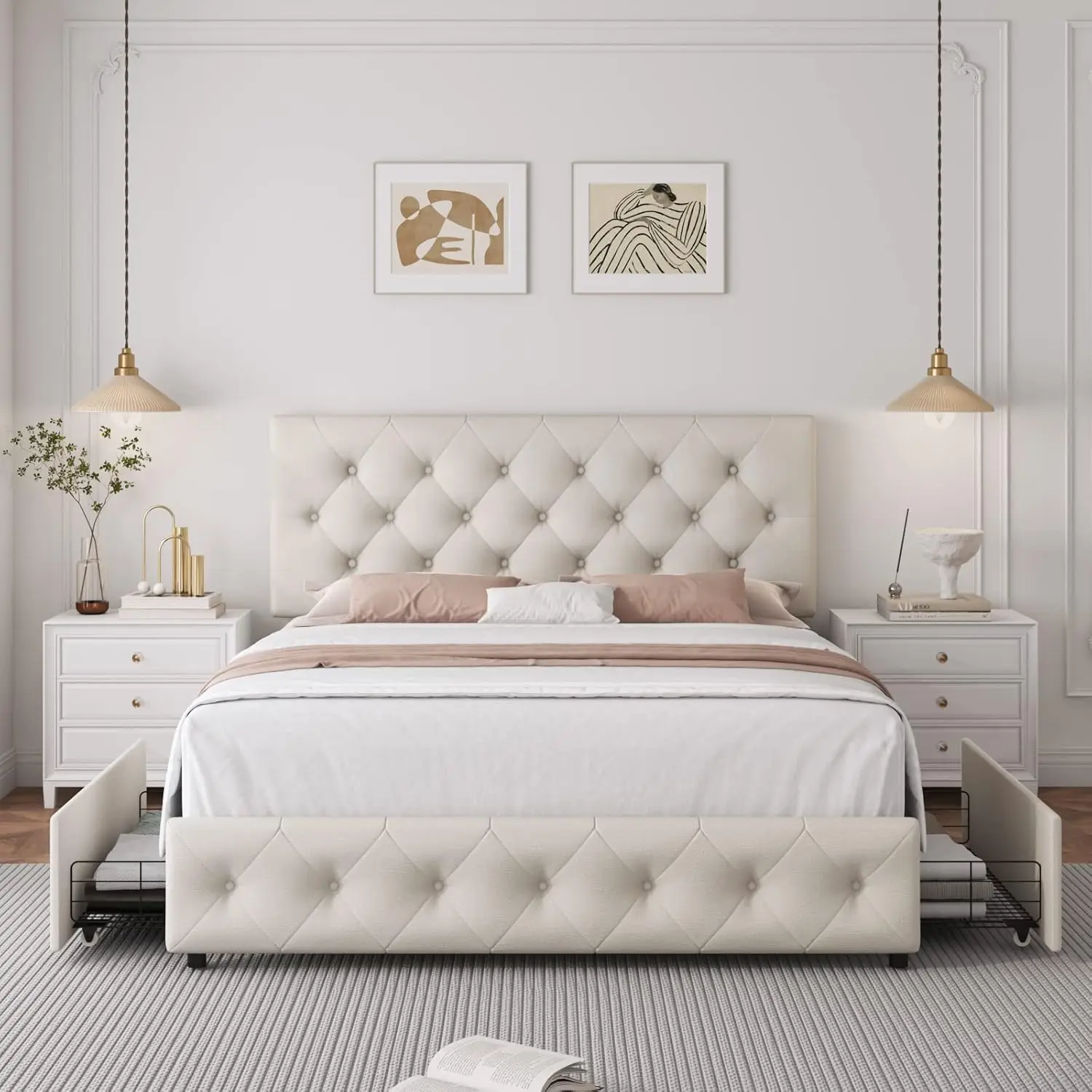 Full Size Bed Frame with 4 Storage Drawers and Adjustable Headboard, Upholstered Platform Bed with Button Tufted Design