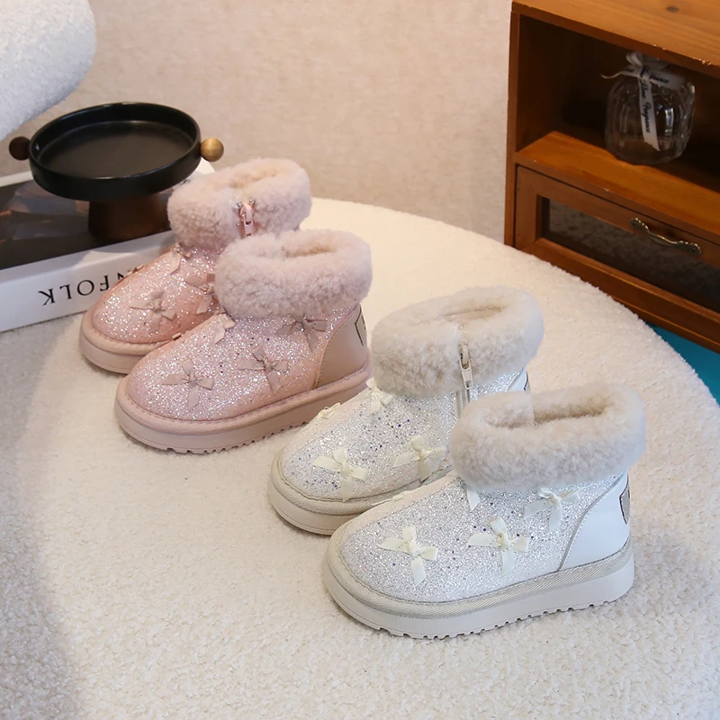 

2025 Winter New Children Casusl Snow Boots for Girls Fashion Korean Style Soft Bottom Anti-slippery Versatile Princess Warm Shoe