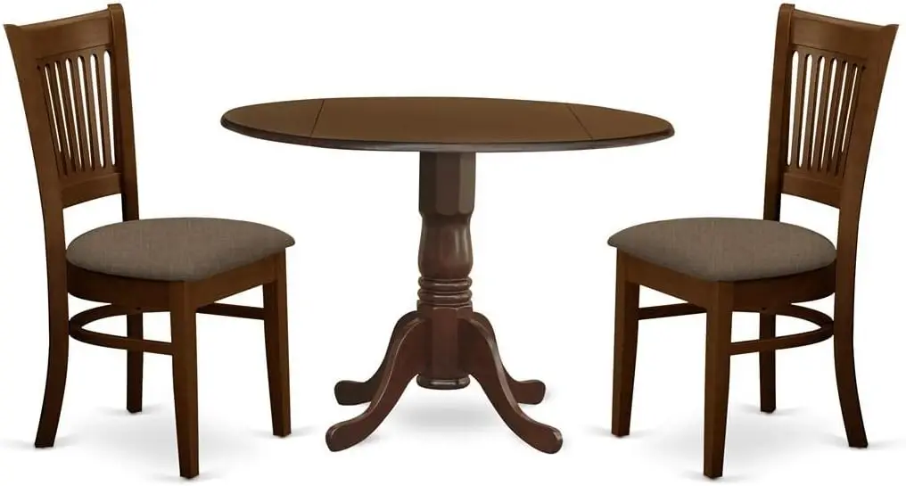 Dublin 3 Piece Kitchen Set Contains a Round Dining Room Table with Dropleaf and 2 Linen Fabric Upholstered Chairs, 42x42 Inch