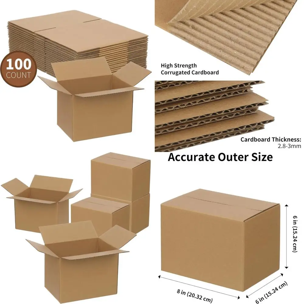 

100 Pack 8x6x6 Durable Cardboard Shipping Boxes for Small Parcels and Mailing, Brown