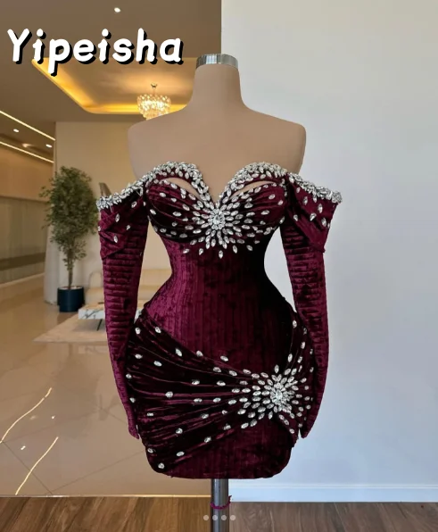 Mini cristais de veludo personalizados, vestidos de baile dubai com manga, gala árabe saudita, vestido de noivado sob medida