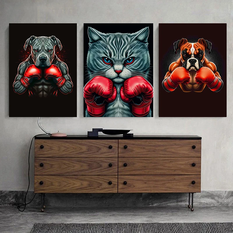 Abstract Chihuahua-Dog Tiger Cat in Boxing Gloves Portrait Poster Canvas Painting and Prints Wall Art HD Pictures Home Gym Decor