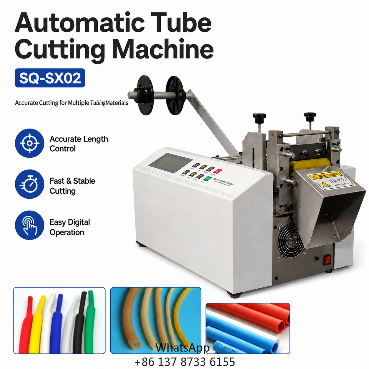 SQ-SX02 Automatic Tube Cutting Machine 0.1-9999.9 Mm Length 34 M/min 0.1-90 Mm Blade For Heat Shrink PVC Silicone PU Foam Tubing
