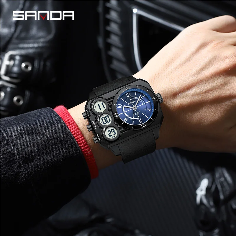 Reloj electrónico SANDA 6237 para hombre, reloj Digital luminoso resistente al agua con pantalla Dual a la moda para hombre, reloj para hombre