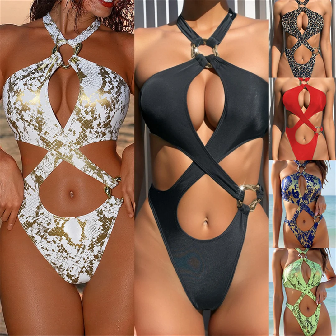 Sexy Badeanzug mit Bauchausschnitt, Leoparden- und Schlangenhautmuster, Damen-Badeanzug, einteiliger Badeanzug, Damen-Neckholder-Badeanzug mit hohem Beinausschnitt, Badebekleidung, Badeanzug V7972 – Detail 2