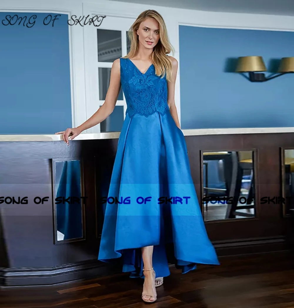 Sapphire Blue High Low Mother Of Bride Dresses Three-quarter Sleeves Wedding Guests Evening Formal Gown Robe De Soirée Femme