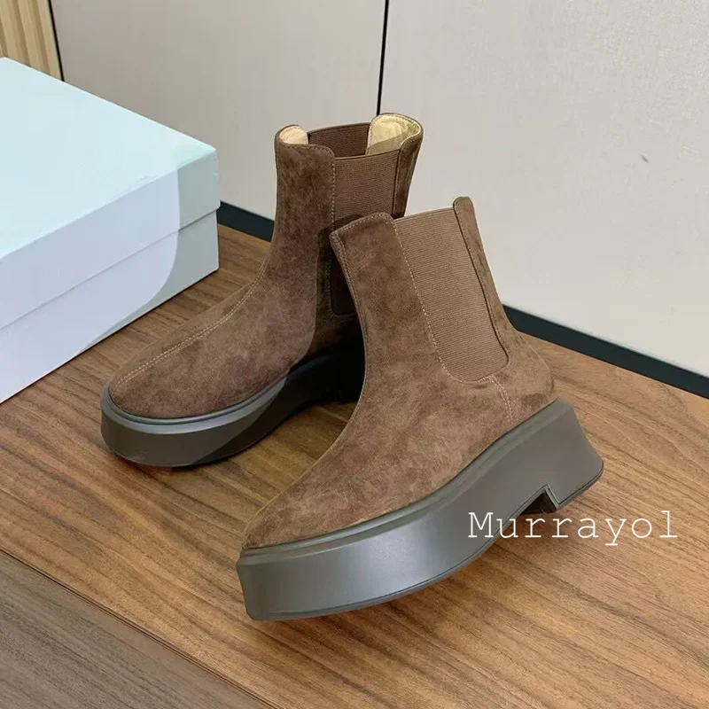 New Cow Suede Thick Bottom Ankle Botas Women Round Toe Front Zipper Design Short Boots Autumn Winter Versatile Riding Boots