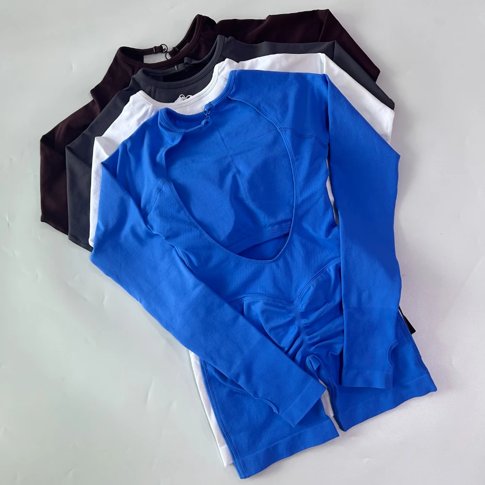 Pericic Langarm-Einteiler Yoga-Bodysuit für Damen, Nahtloses Outfit-Set, Fitnesskleidung, Workout-Shorts, Jumpsuit, Rückenfreies Gym-Set – Detail 17