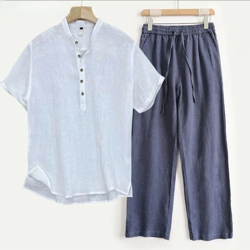 White top + navy blue pants