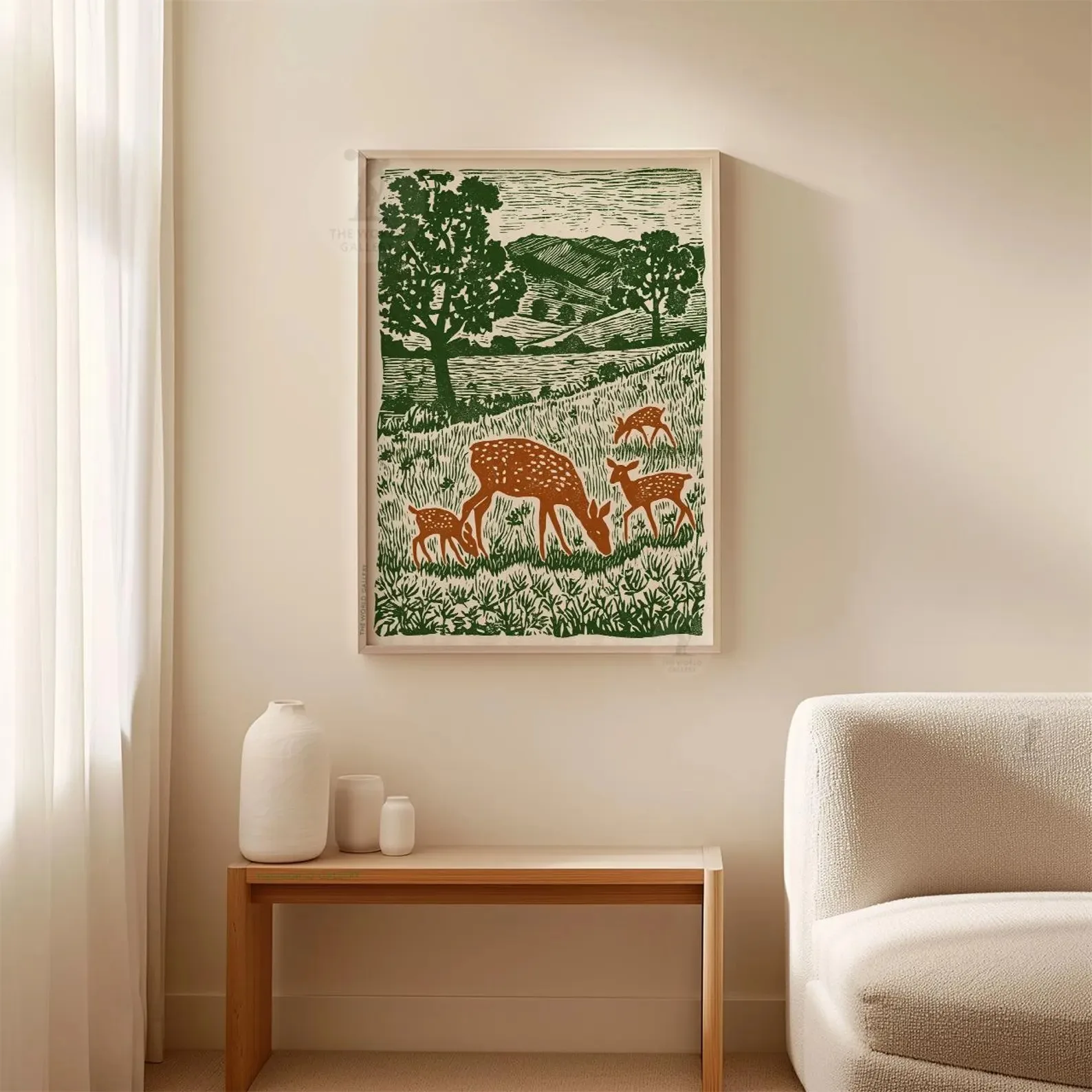 Grazing in Meadow Art, Deer Family Poster, Wildlife Landscape Print, Green Deer Decor for Living Room Bedroom