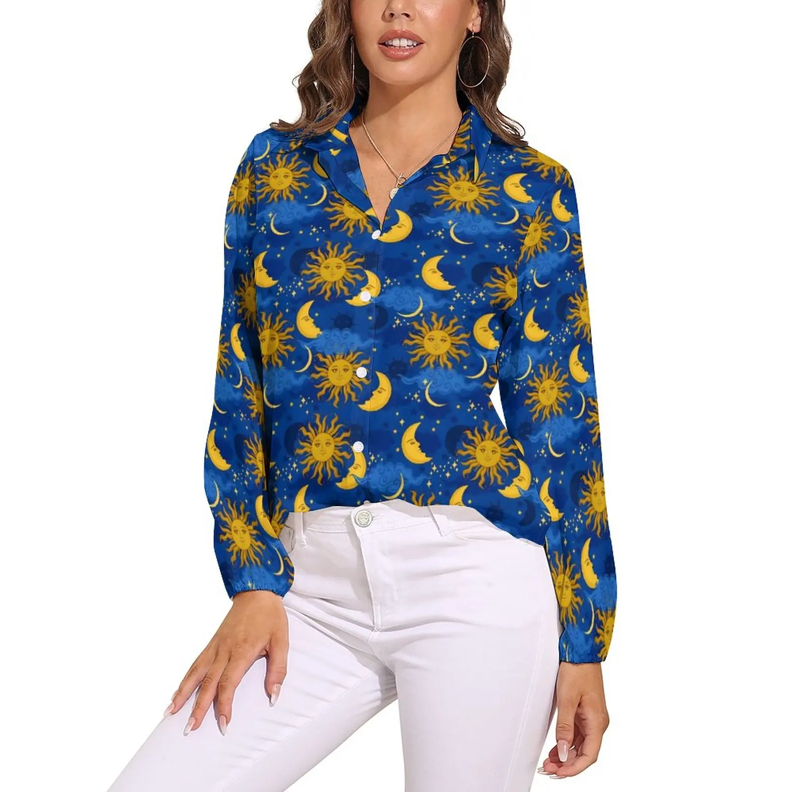 Stars Sun Moon Celestial Blouse Long Sleeve Blue And Gold Retro Blouses Women Casual Oversized Shirts Graphic Top Gift Idea