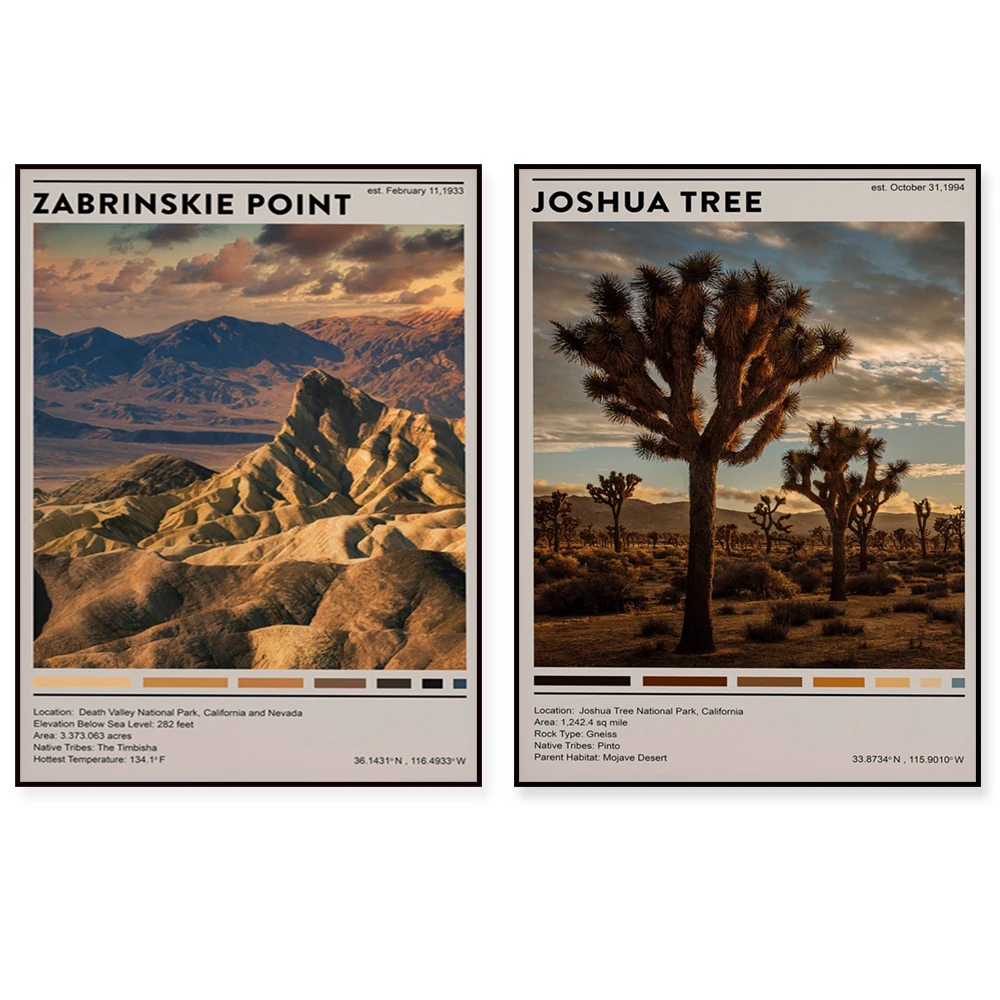 Grand Teton, Joshua Tree, Yosemite, Arches, Death Valley, Zion, Grand Prismatic Springs Yellowstone National Park travel poster