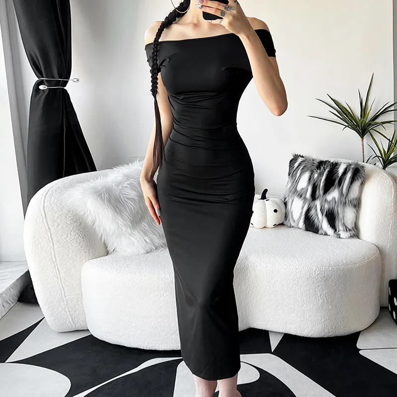 Robe Longue Sexy à Manches Courtes pour Femme, Tenue de Couleur Unie, Dos aux, Maxi, Élégante, artificiel astique, Slim, Streetwear