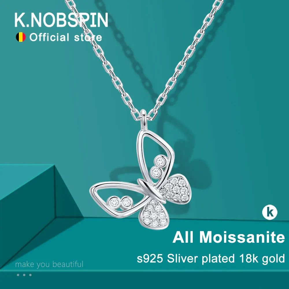 Knobspin D VVS1 Moissanite Necklace Butterfly Pendant 100% 925 Silver Plated 18k White Gold Anniversary Necklaces for Women Gift