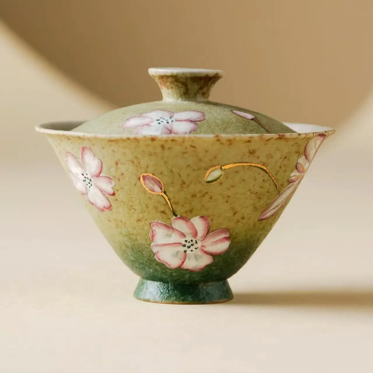 1Pc 90ML Leaf Green Flint Red Hat Cover Bowl Hand Painted Lotus Small Tea Bowl Household Ceramic Tea Bowl Chinese Kung Fu TeaSet
