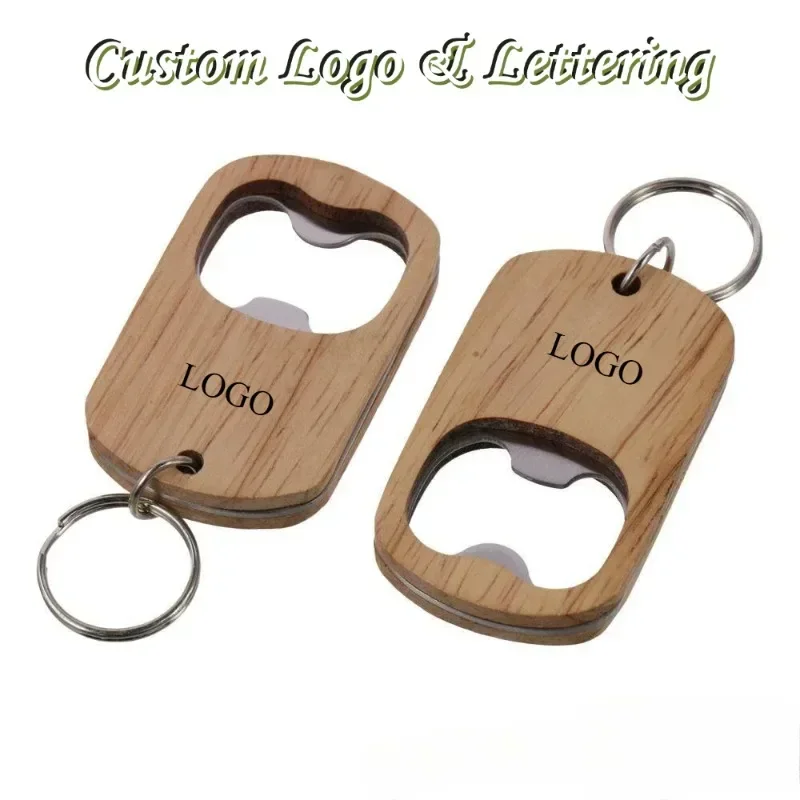 Pendant Beer Drink Bottle Opener Customized Logo Wooden Key Chain Stainless Steel Keychain for Men and Women Keyring Gift