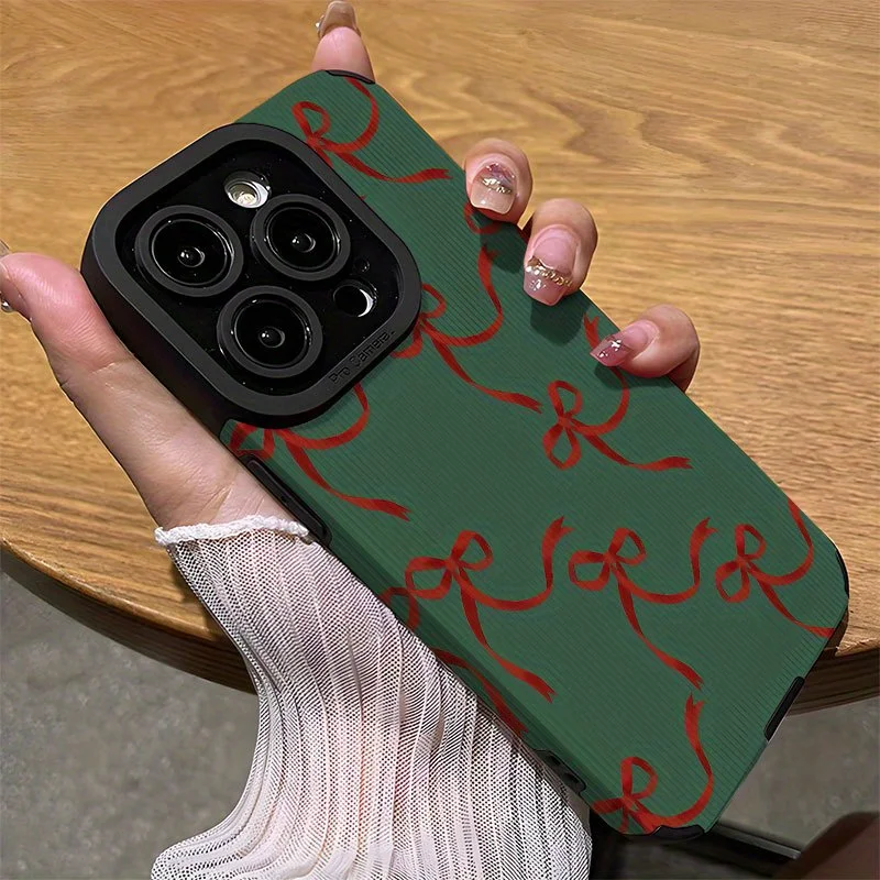 For iPhone 17 Pro Max Case Green Red Ribbon Bow Pattern Stylish Protective Compatible with iPhone 17 16 15 14 13 12 11