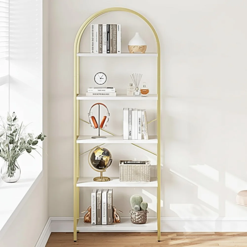 

5-Tier Arched Metal Bookshelf - Gold Industrial Style Freestanding Display Rack for Living Room Office Storage