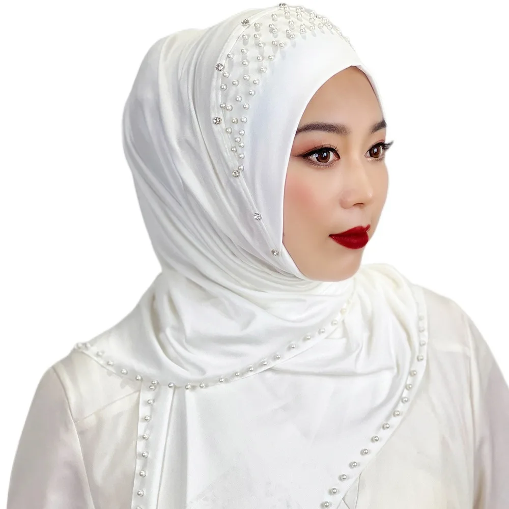 

Islamic Beaded Muslim Hijab Full Cover Solid Color Turkish Head Wrap Scarf Veil Elastic Women's Pray Hat Woman