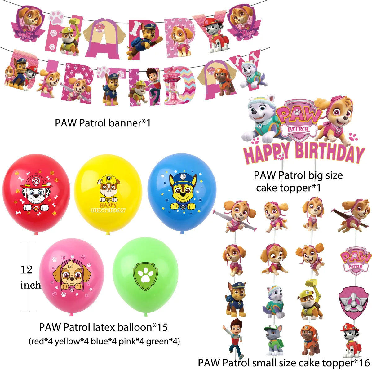 Paw Patrol-Décorations d\'Anniversaire pour Fille, Ensembles de ix, Skye Rose, Serviettes en Papier Britannique, Assiettes, Bâtons de Bannière