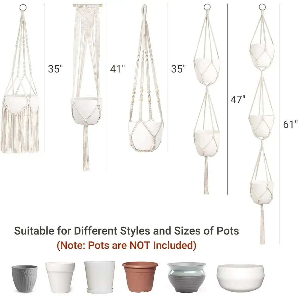 5 Pack Different Tiers Indoor Hanging Planters Basket with 5 Hooks Decorative Lower Pots Holder Stand Boho Home Decor, Ivory