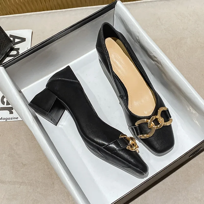 2024 Fashion Women Pumps Metal Decoration Square Toe 4.5CM Square Heel Spring New Mid Heel Shallow Mouth Square Head Women Shoes image 6