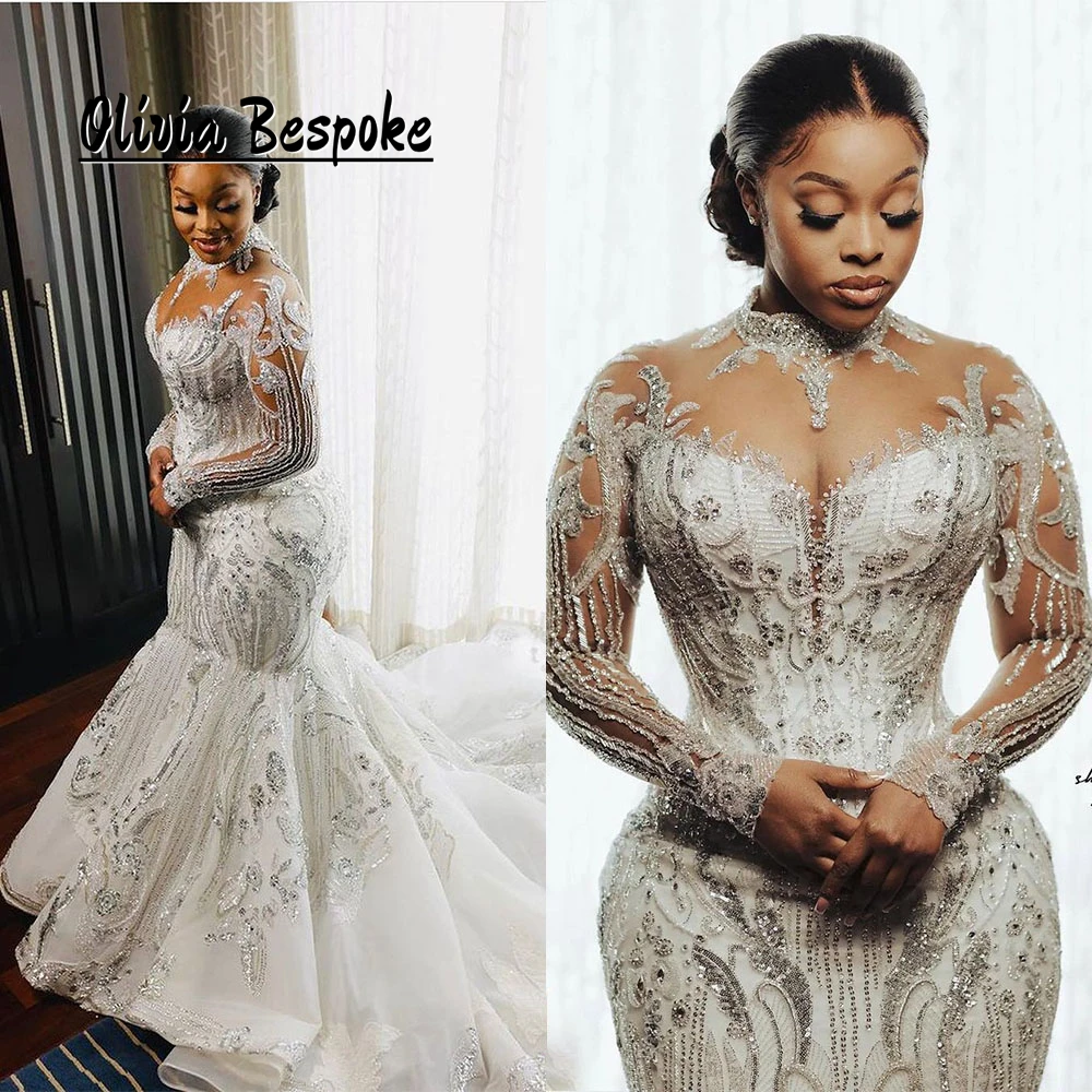 

Luxurious Mermaid Wedding Dresses High Neck Long Sleeve Aso Ebi Bridal Gowns Beads Crystal Sequin robes de mariée Customized