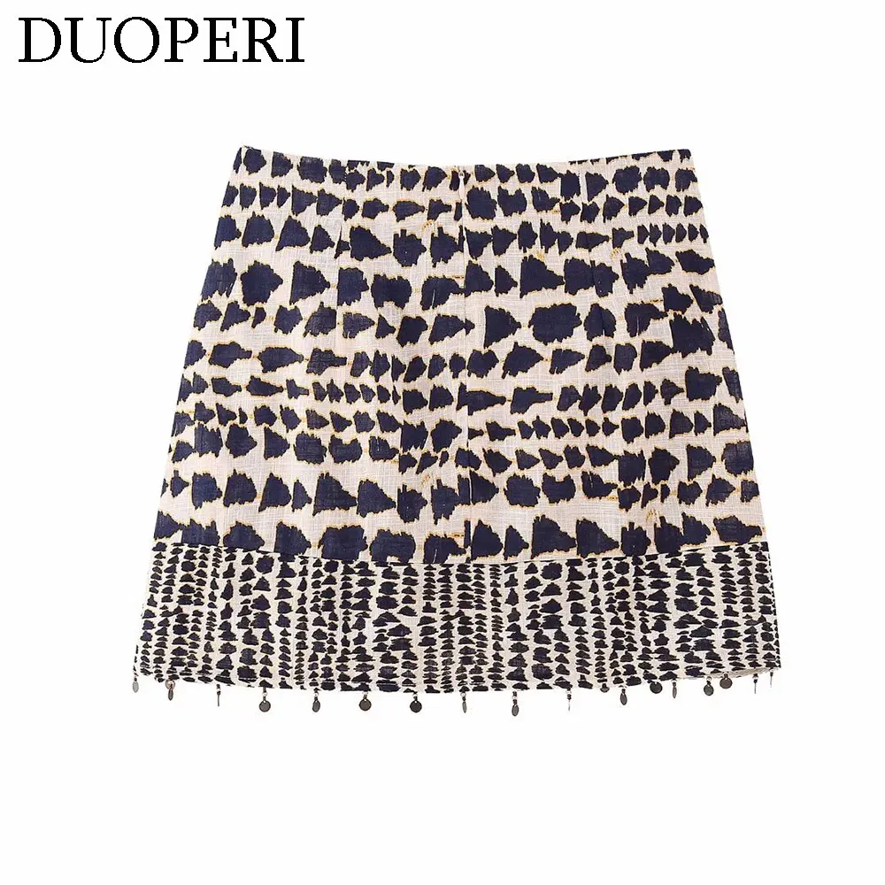 DUOPERI Women Fashion Printed Mini Salon Skirt High Waist With Bowknot Beaded Hem Female Chic Lady Casual Short Skirt