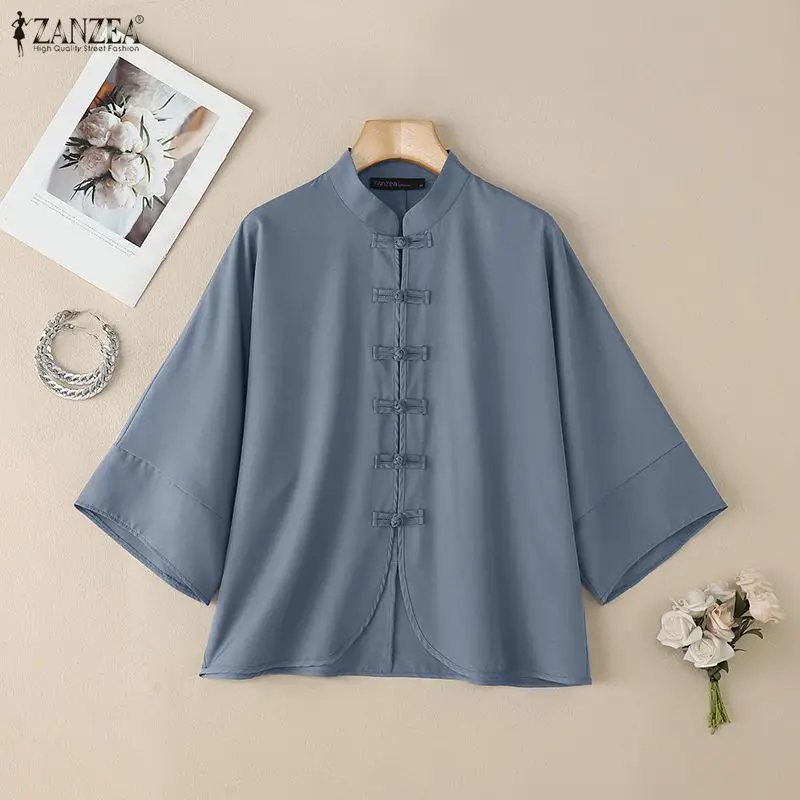 Chemises amples décontractées pour femmes, Vintage, col Mandarin, boutons grenouille, manches 2023, couleur unie, vêtements pour femmes, été 3/4