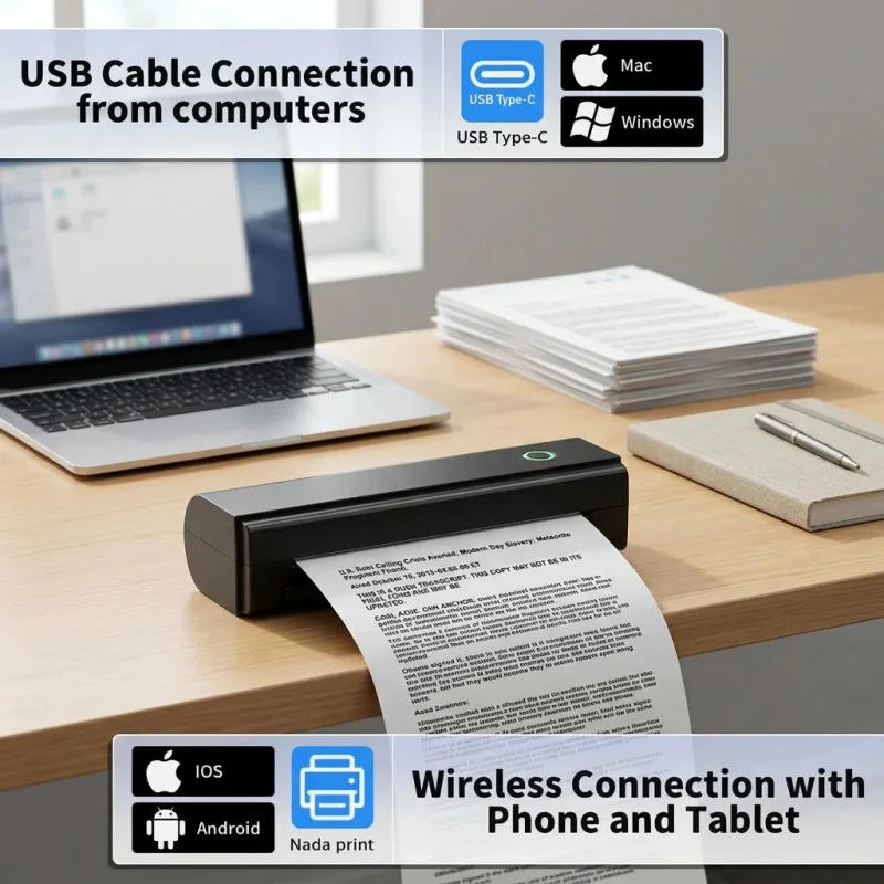 A4 Portable Wireless Inkless Thermal Printer, Rechargeable for Office Document Contract & Business Travel