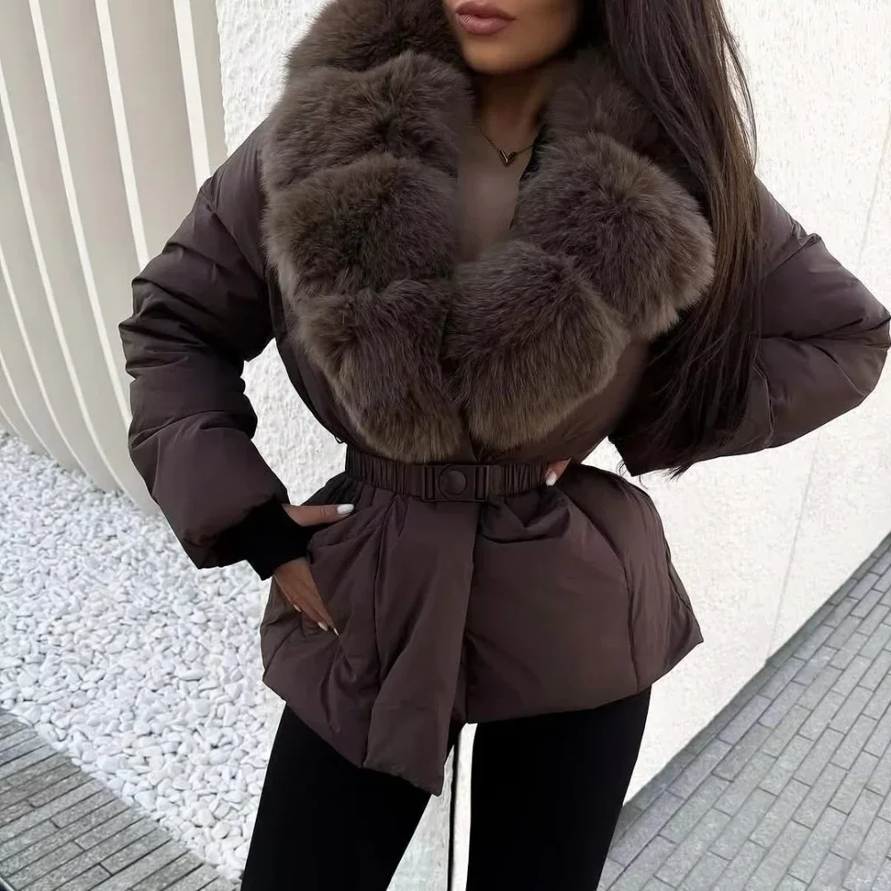 Women's Duck Down Coat with Fur Collar Slim Fit Short Puffer Jacket Cold Protection Fur Outerwear Cold Weather for City Fashion