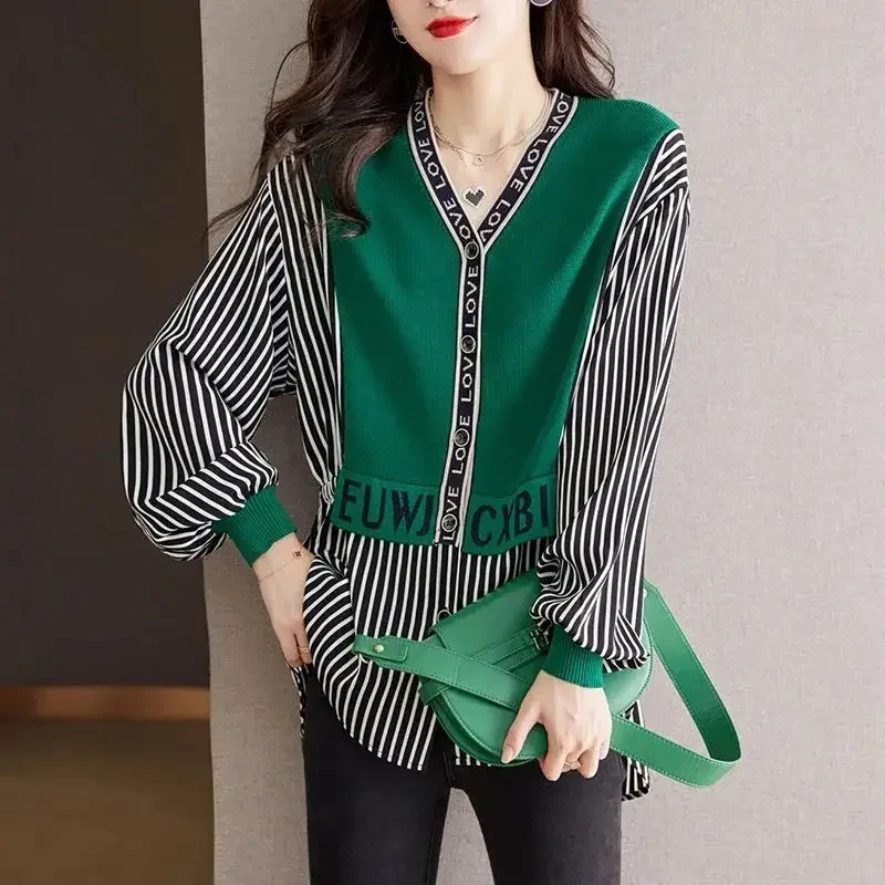 Women Spring and Autumn Fashion Trend New V-Neck Knitted Cardigan Striped Letter Button Splicing Larger Size Long Sleeves Tops