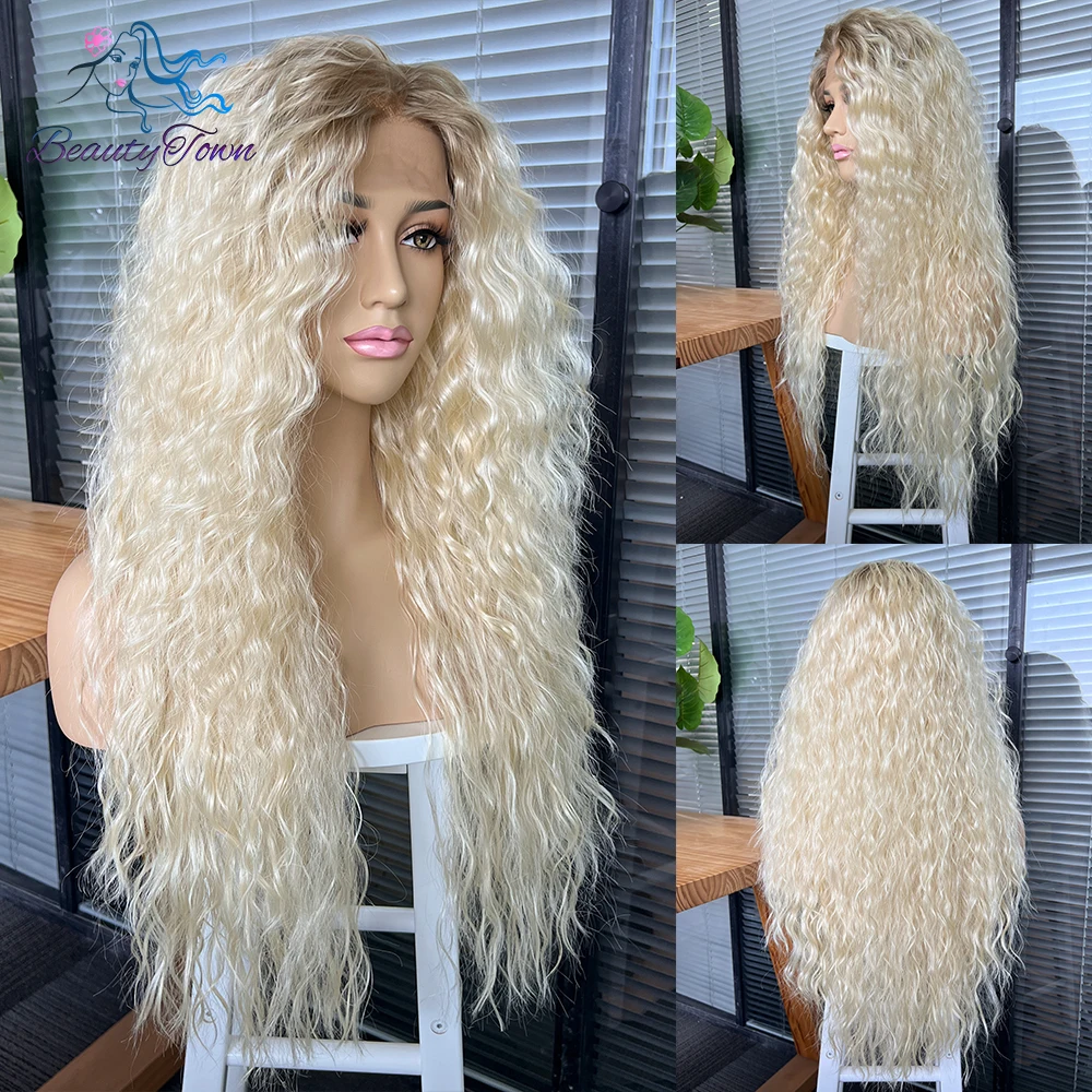 Long Inche Blonde Synthetic 13x3 Lace Front Wig 613 Grey  Brown Ginger Kinky Curly Wig HD Transparent Lace Front Wig Cosplay Wig