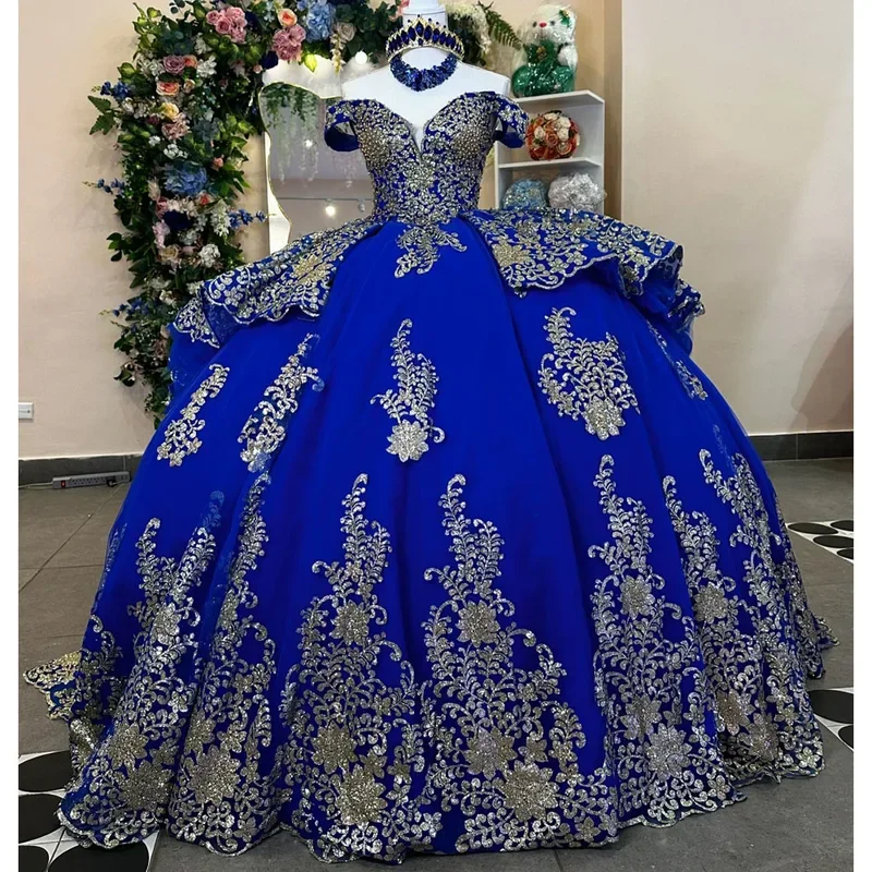 Elegant royal blue quinceanera dress ball gown lace appliques beading bow corset Sweet 16 Vestido de 15 anos