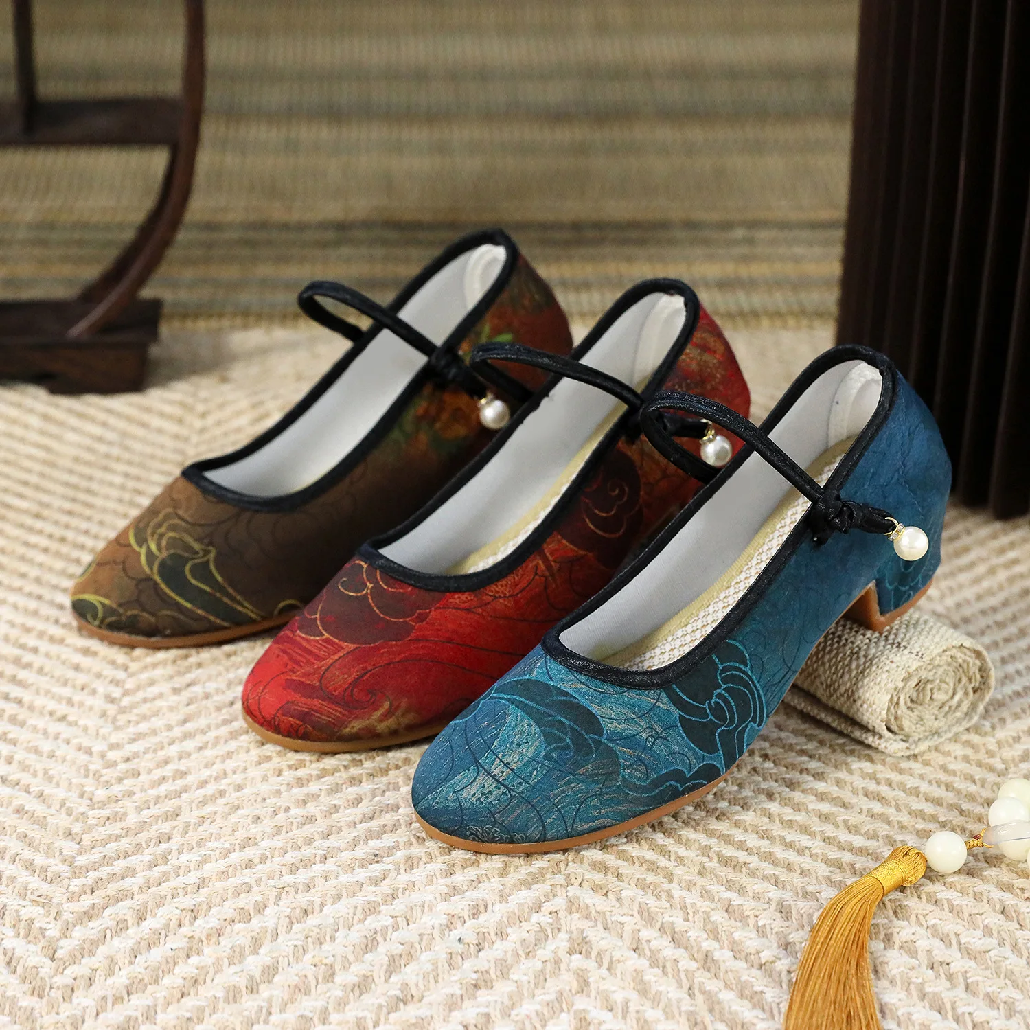 34-40 Ethnic Style Low Heel Cloth Shoes Women Comfortable Cheongsam Hanfu Shoes Block Heel Canvas Pumps Ankle Strap Cotton Shoes