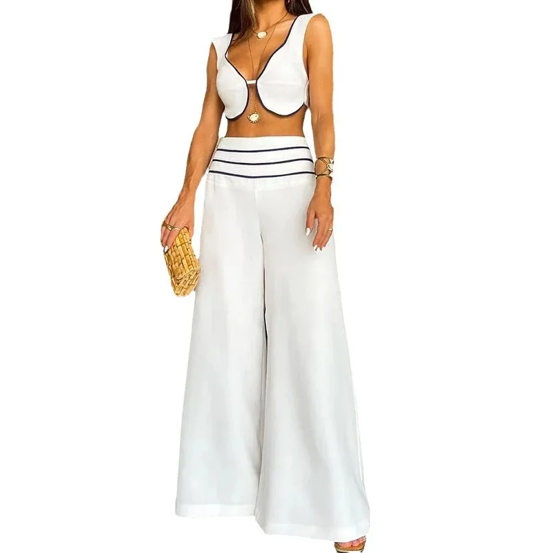 Two Piece Pant Sets Women Sexy Vest Sleeveless Splice High Waist Wide Leg Pants Striped Hollow Out Ladies Beach Spring 2024