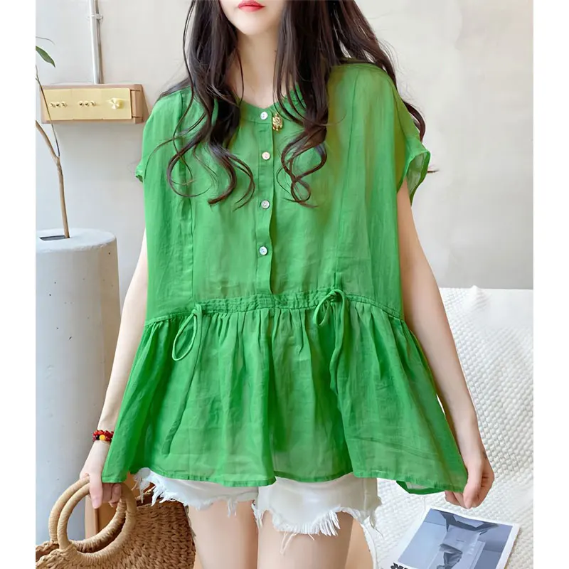 Women\'s O-Neck Short Sleeve Tops, Women Clothes, Casual, Loose, Solid Color, Temperament, Thin Shirts, Korean Fashion, Summer