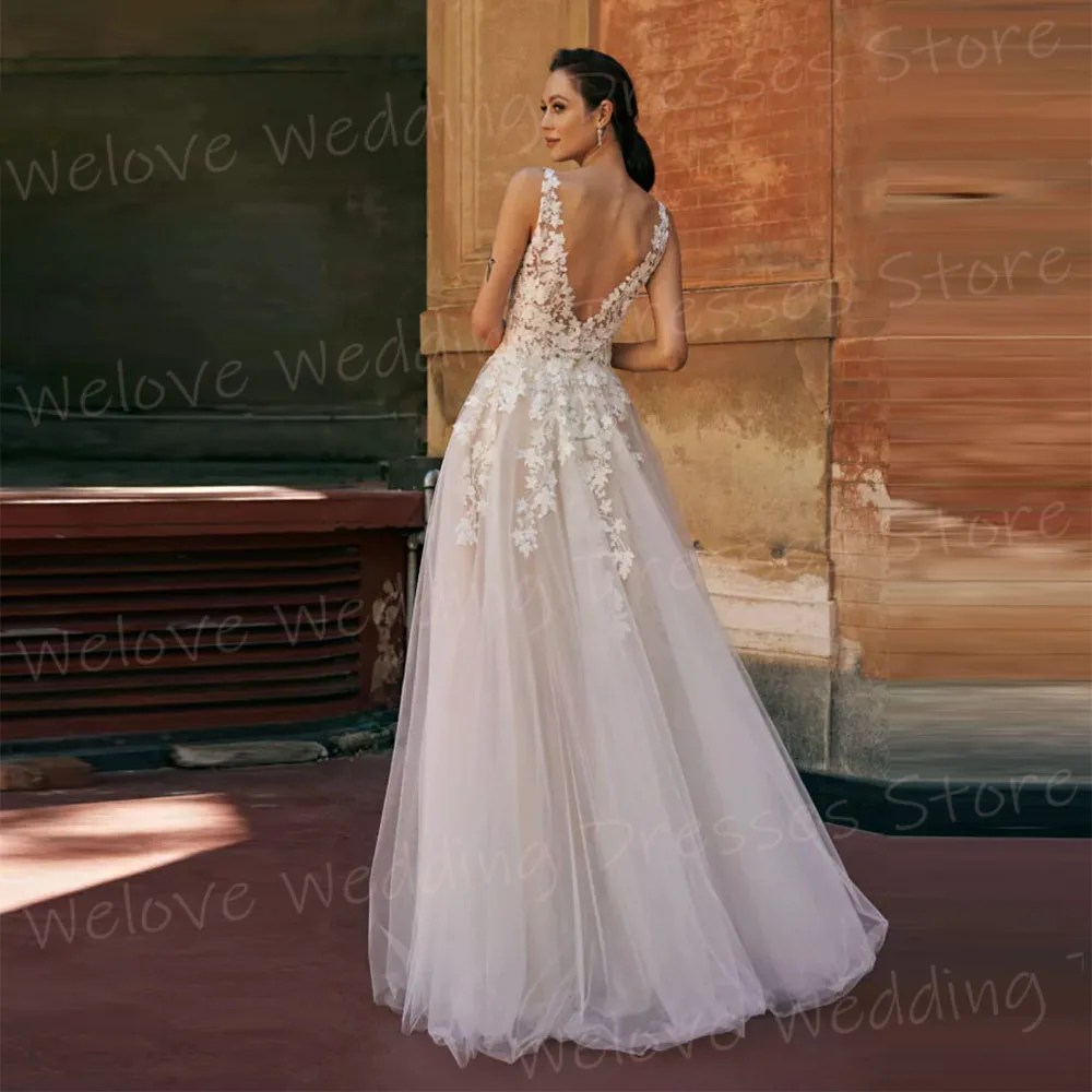 2025 Charming A Line Wedding Dresses For Women Sexy Lace Appliques Bride Gowns V Neck Backless Spaghetti Straps Vestido De Novia