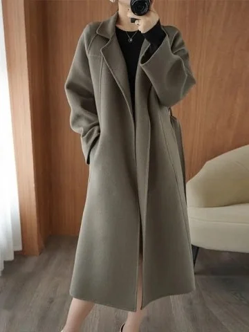 

Double-Sided Woolen Coat Women's Long Over-Knee Loose plus Size Autumn Winter New Sle High-End Silk Knitted Hat Attached