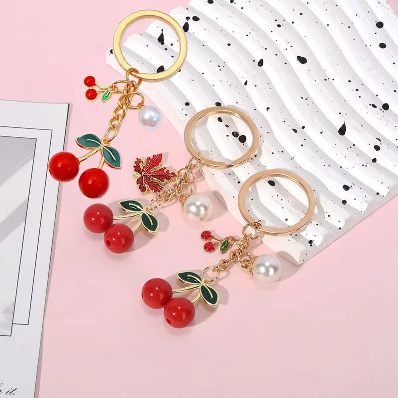 

100pcs/Lot Red Cherry Keychain Fruits Cherries Pendant Keyring Jewelry Bag Accessories Gift Pearl Key Chains
