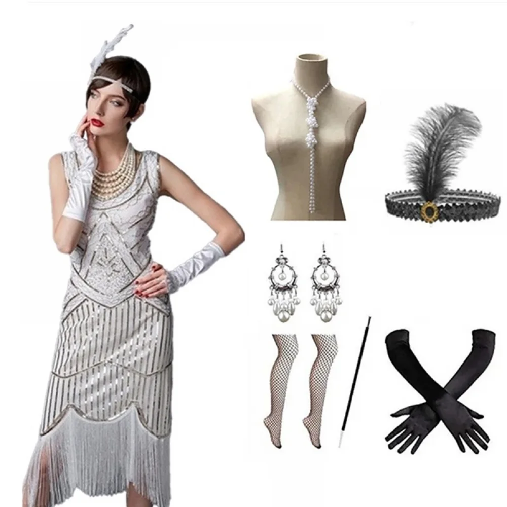 Abito Flapper con frange di perline di paillettes 1920s con Set di accessori 20s per ragazze da donna