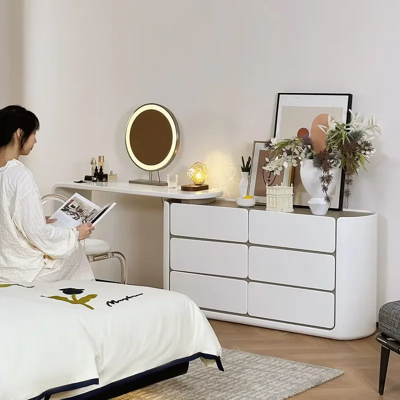 Ultra-narrow Ultra-thin Cream-Style Bedroom Dressing Table Telescopic MDF Panel Bed-End 6-Drawer Solid Oak Eco-Friendly