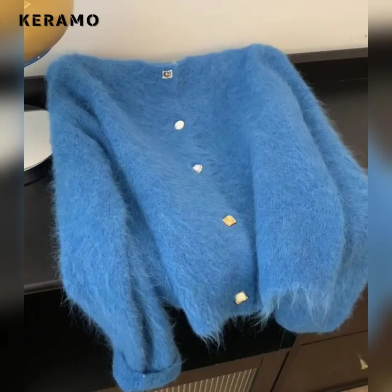 

Women's Luxury Knitting Long Sleeve Round Neck Cardigans 2025 Winter Fashion Top Casual Single Breasted Warm Blue Sweater