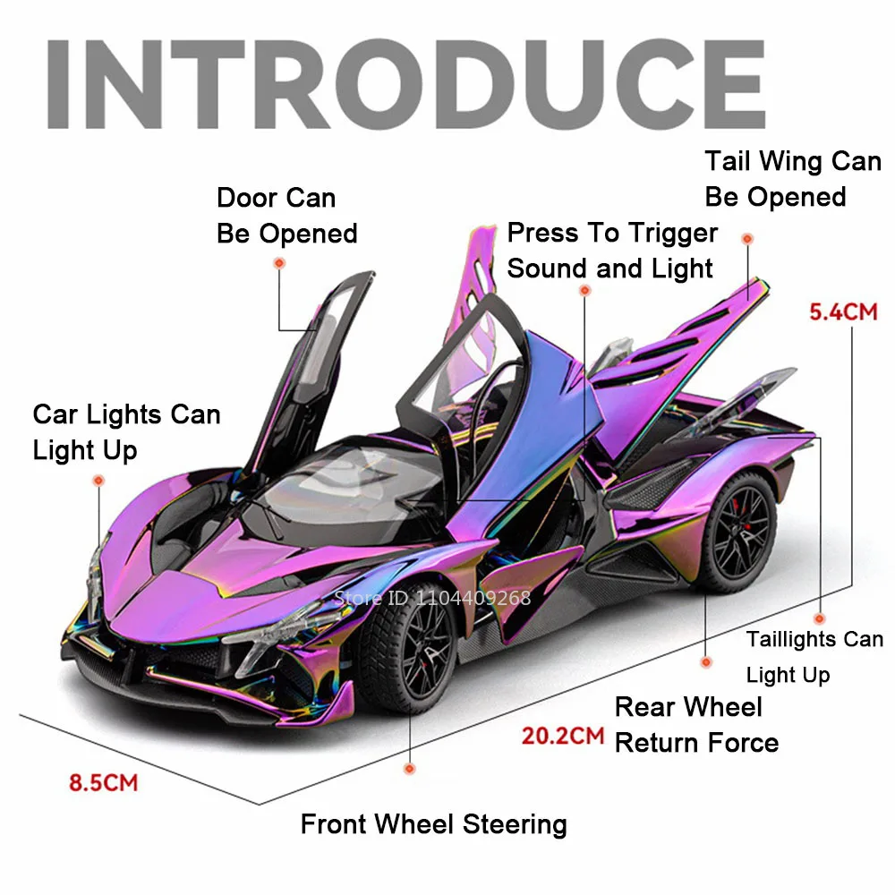 1:24 スケールメッキアポロプロジェクト EVO スポーツカーモデルおもちゃプルバックサウンドライトホイールステアリングスーパーカーモデルデスクトップ飾り