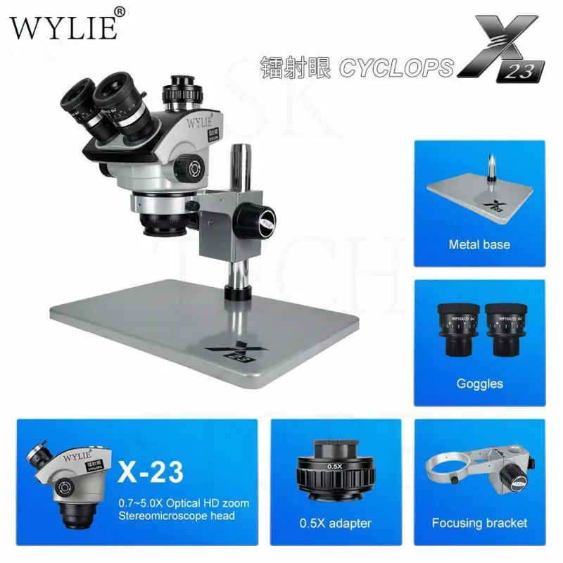 

Wylie Stand Trinocular Stereo Zoom Microscope Cyclops X23 4K HDMI Camera 0.5X Synchto Bayonet Microscope