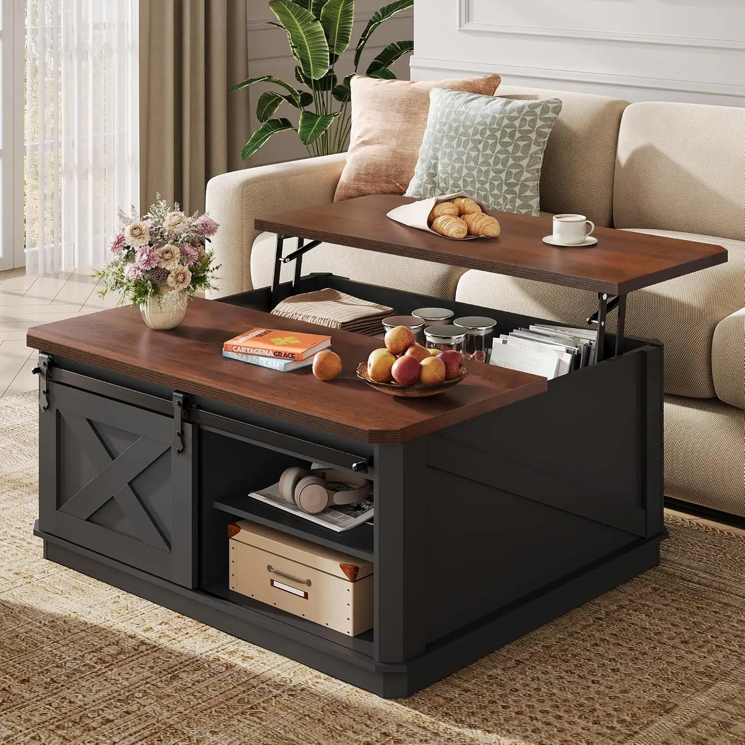 

Lift Top Coffee Table Storage 35.5in Rustic Barn Door Square Living Room Curved Base Black Customized