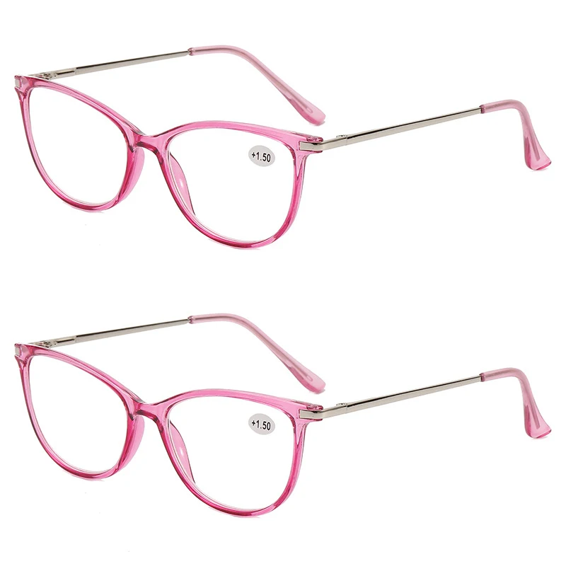 

2 Packs Women Undertint Cateye Reading Glasses Flexible TR+Alloy Frame Clear Reader Pink Blue Brown Tea