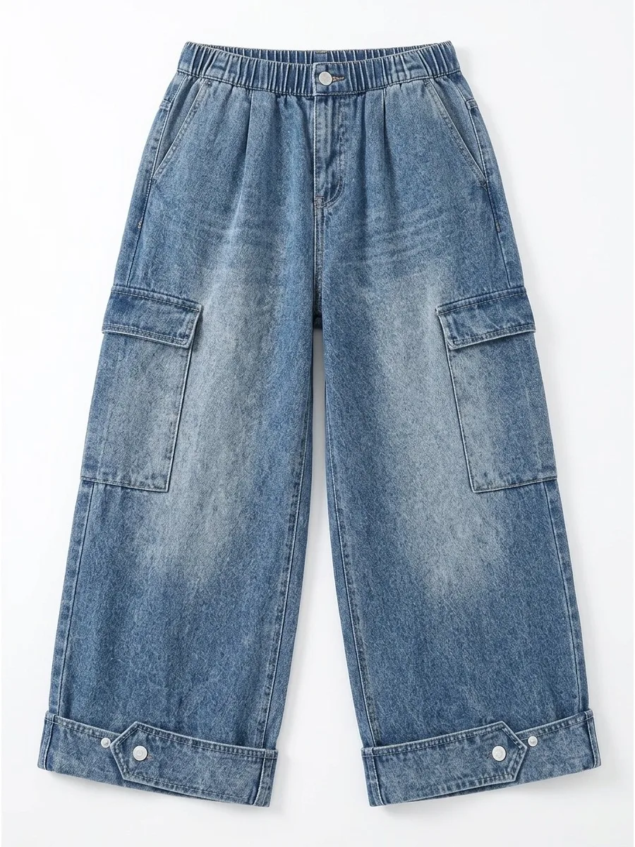 Modigirl Women Blue Wash Elastic High Waist Cargo Wide Leg Capri Jeans 2026 Stylish Cuff Cropped Casual Streetwear Denim Pants
